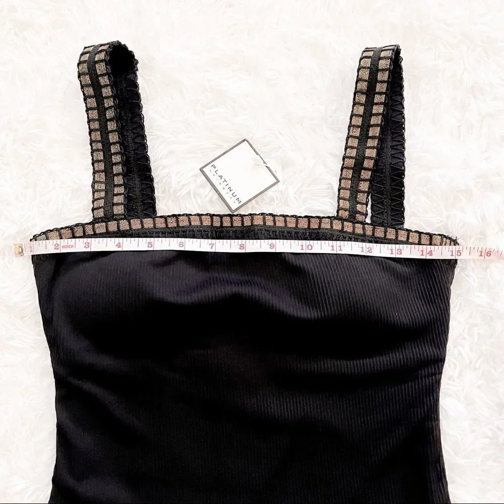 Platinum Swimwear Black Square Neck One Piece Swimsuit with Gold Trim SZ S BNWT